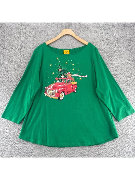 Ruby Rd. Tops - Ruby Road Top Womens Extra Large Green Christmas Tree Truck Dog Graphic T Shirt